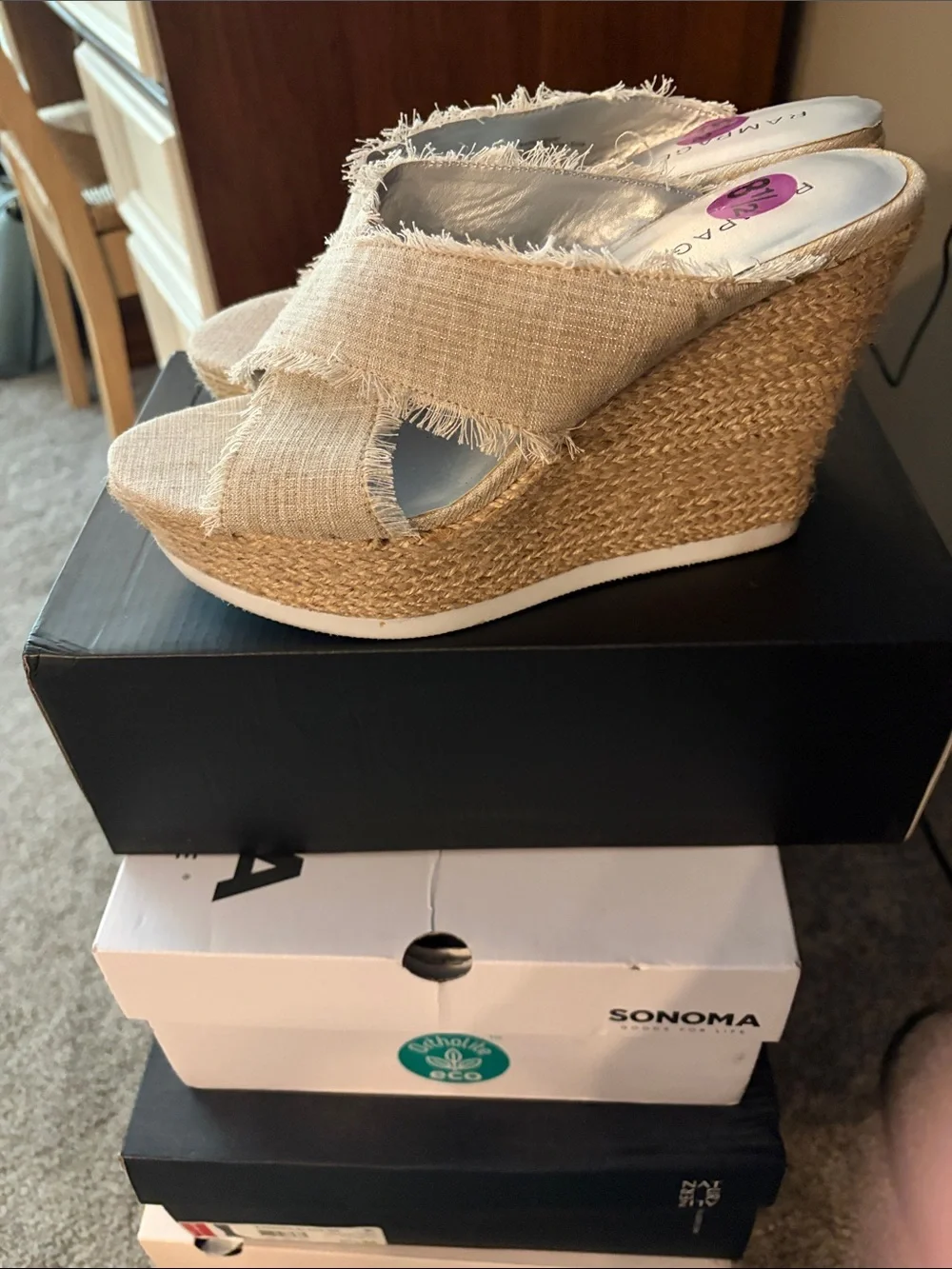 Rampage Natural Beige Frayed Crossband Wedge Mules